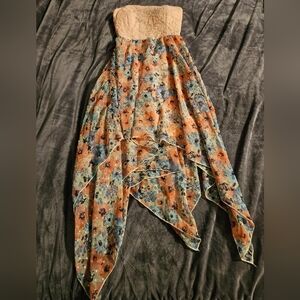 Medium Floral Strapless Dress with Asymmetrical Hem